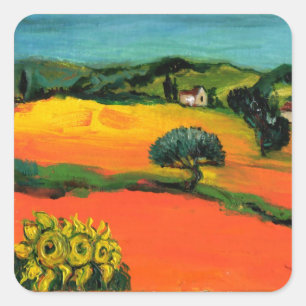 TOSCANE LANDSCHAP MET ZONNEBLOEMEN VIERKANTE STICKER