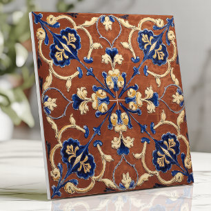 Toscane Terracotta Blau en Goud Bloemmotief Tegeltje