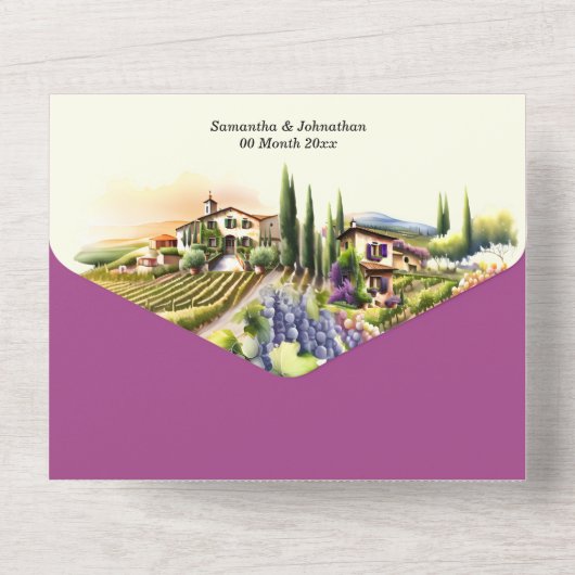 Toscane waterverf bruiloft paarse Italiaanse wijnm All In One Uitnodiging (Achterkant)