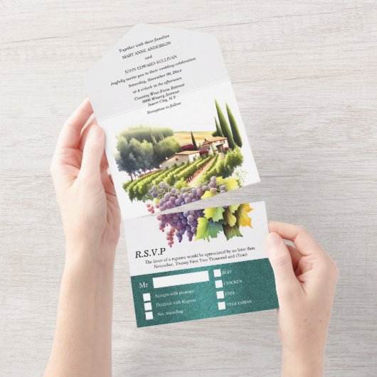 Toscane waterverf bruiloft wijngaard Italiaans wij All In One Uitnodiging (Afscheurbaar)