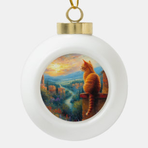 Toscane zonsondergang met een kaneelkleurige kat keramische bal ornament