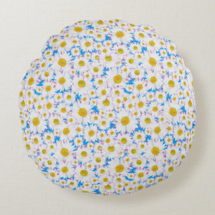 Tossed Ditzy White Daisies op Sky Blue Rond Kussen