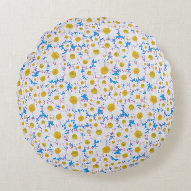 Tossed Ditzy White Daisies op Sky Blue Rond Kussen (Voorkant)