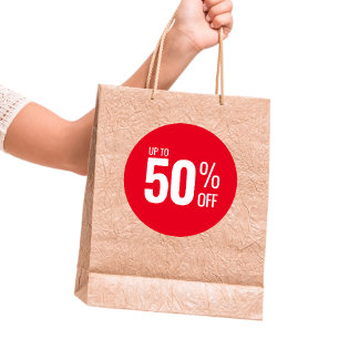 Tot 50% korting op (vijftig) verkoop voor kleine b ronde sticker
