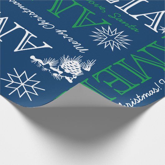 Tot 6 Letters Naam of Tekst Kerstmis Blauw Groen Cadeaupapier (Hoek)