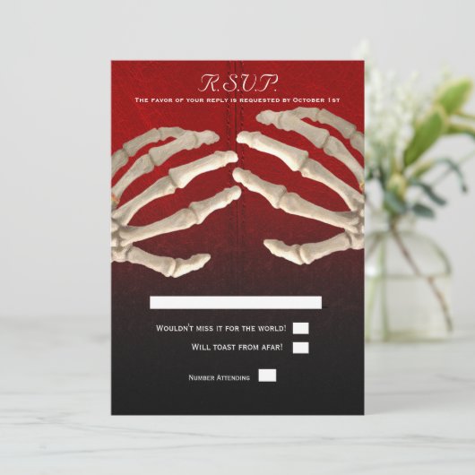 Tot de dood bloedrood skelet gouden bruiloft RSVP Kaart (Staand voorkant)