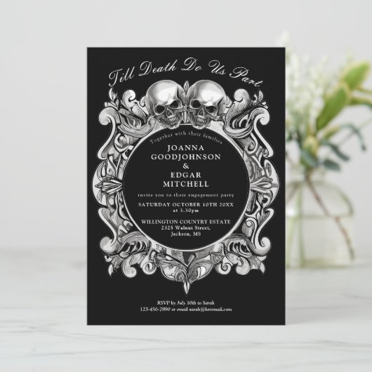 Tot de dood Gothic Skulls Monogram Engagement Part Kaart (Staand voorkant)