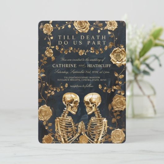 TOT DE DOOD - GOUD Skeletten en Rozen Bruiloft Kaart (Staand voorkant)