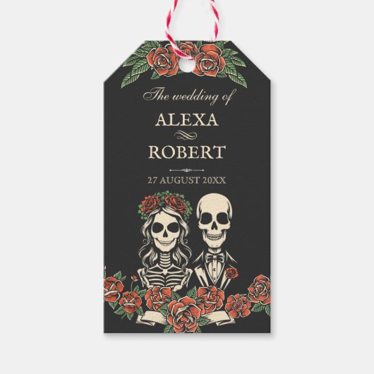 Tot de dood ons scheiden rozen skelet bruiloft cadeaulabel (Voorkant)