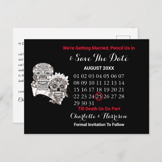 Tot de dood ons scheidt Schedels Rood Zwart Bruilo Aankondigingskaart (Voorkant / Achterkant)