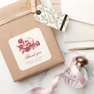 Tot de dood Rode schedel Rozen Gotische bruiloft Vierkante Sticker