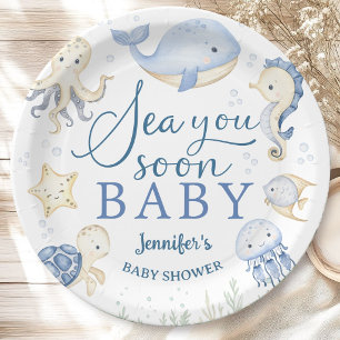 Tot Ziens Baby Shower Jongen Blauwe Oceaan Papieren Bordje