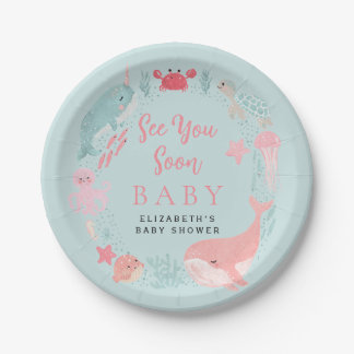 Tot Ziens Cute Zee Dieren Meisje Baby Shower Papieren Bordje