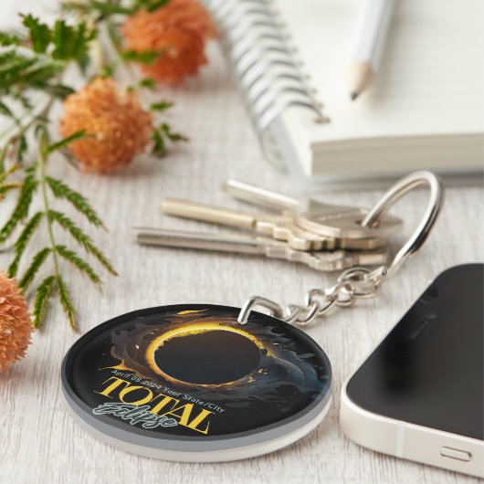 Totaal Solar Eclipse Gift 2024 Uw Stad Staat Sleutelhanger (Voorkant Rechts)