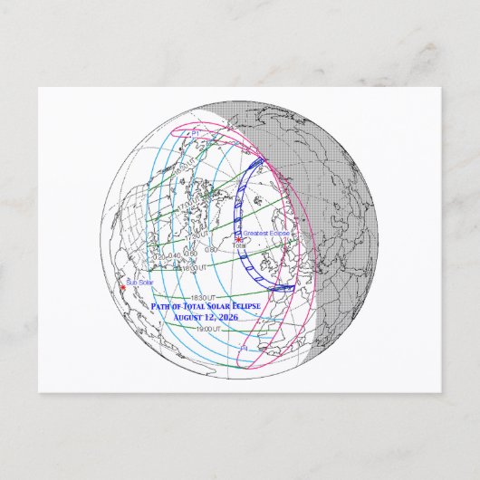 Total Solar Eclipse 2026 Map Briefkaart (Voorkant)