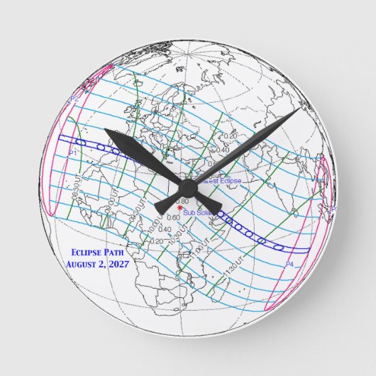 Total Solar Eclipse 2027 Map Ronde Klok (Voorkant)