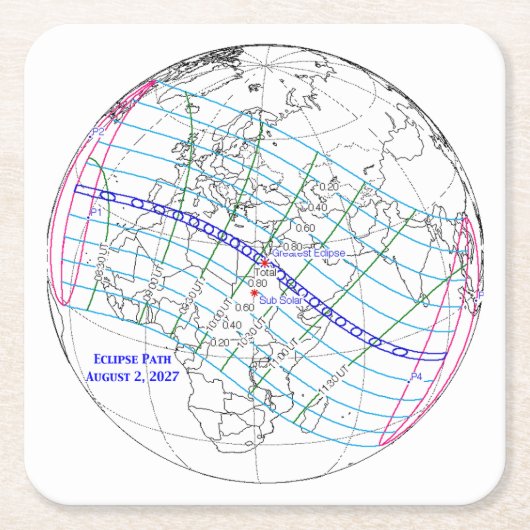 Total Solar Eclipse 2027 Map Vierkante Kartonnen Onderzetter (Voorkant)