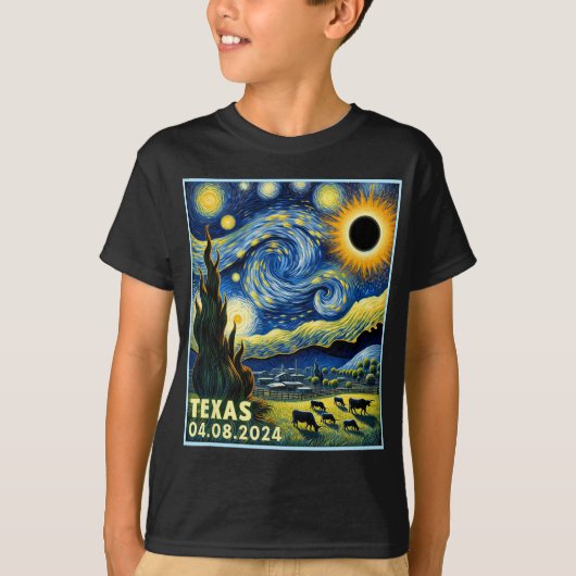 Totale Zonsverduistering 2024 Van Gogh Sterrennach T-shirt (Voorkant)