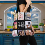 Tote Bag 18e anniversaire personnalisé photo collage fille<br><div class="desc">Un cadeau unique pour le 18ème anniversaire d'une fille, célébrant sa vie avec un collage de 8 de vos propres photos, photos. Personnalisez et ajoutez son nom, 18 ans et une date. Un arrière - plan noir chic. Lettres et chiffres gris et blancs. Le nom est écrit avec un script...</div>