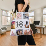 Tote Bag 18e anniversaire sur mesure photo collage fille bl<br><div class="desc">Un cadeau unique pour le 18ème anniversaire d'une fille, célébrant sa vie avec un collage de 8 de vos propres photos, photos. Personnalisez et ajoutez son nom, 18 ans et une date. Un arrière - plan blanc chic. Lettres et chiffres gris et noirs. Le nom est écrit avec un script...</div>