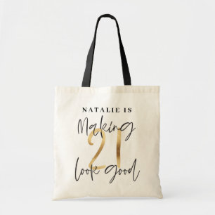Tote Bag 21e anniversaire moderne en noir et or personnalis