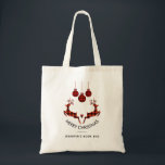 Tote Bag 2 Sonneurs de Noël Jumping Chasseur rustique<br><div class="desc">Un sac fourre-tout personnalisé qui dit "Joyeux Noël" en texte courbe. Conçu avec une illustration de 2 cerfs de Noël sautant. Les cerfs sont faits de sériole rouge et noire,  avec un peu de coeur entre eux. Les décorations de Noël en plaid rouge et noir sont accrochées au sommet.</div>