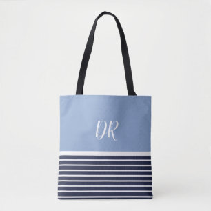 Tote Bag 2 tons bleu rayures horizontales monogramme . élég