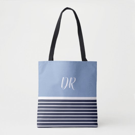 Tote Bag 2 tons bleu rayures horizontales monogramme . élég (Devant)