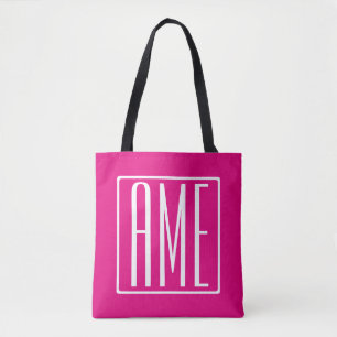 Tote Bag 3 Initiales Monogramme   Blanc sur rose chaud