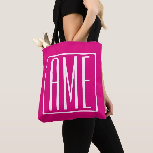 Tote Bag 3 Initiales Monogramme | Blanc sur rose chaud (De près)