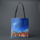 Tote Bag 3d illustration of small alpine village at dawn. S<br><div class="desc">3d illustration of small alpine village at dawn. Snowfall covering pine trees and white mountains in background. 
fairy, village, winter, 3d, background, cartoon, celebration, christmas, christmas card, cold, country, countryside, dawn, december, decoration, digital, dusk, festive, flake, frost, vintage, retro, illustration, </div>