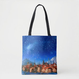 Tote Bag 3d illustration of small alpine village at dawn. S