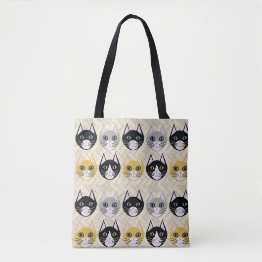 Tote Bag 4 Chats, Herringbone Beige (Devant)
