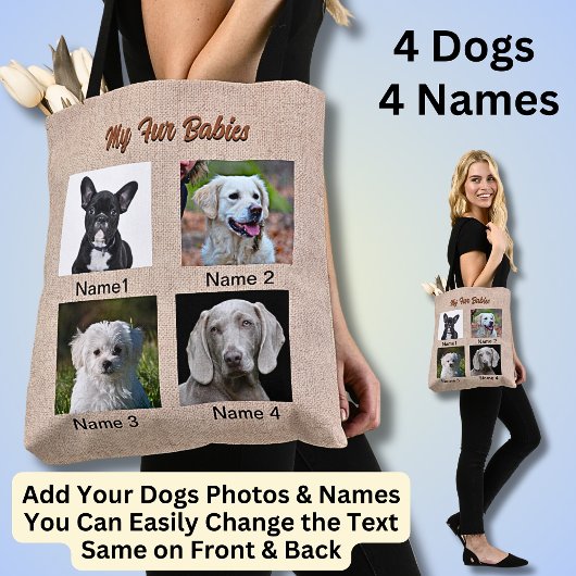 Tote Bag 4 Chiens, 4 Noms, Peut Changer De Texte, Photo Chi