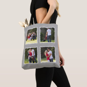 Tote Bag 4 Collage de photos Ajouter un nom de famille Gris