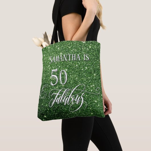Tote Bag 50 & Fabuleux Script Parkling Deep Green Parties s (De près)