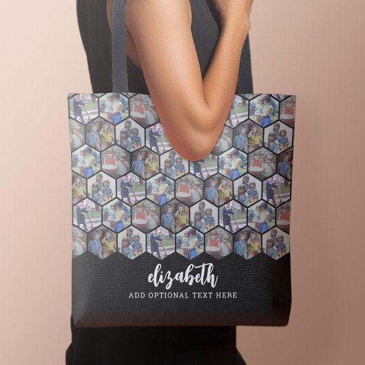 Tote Bag 5 Photo Collage - motif hexagone funky - noir