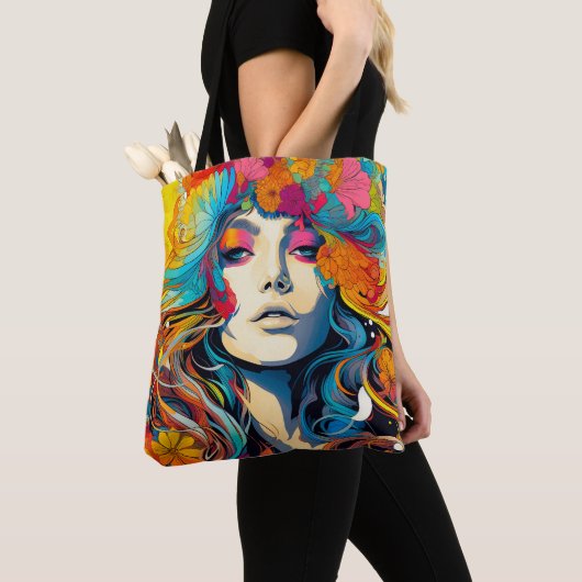Tote Bag 60s 70s Hippy Woman Psychedelic Hippie (De près)