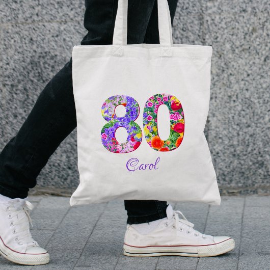 Tote Bag 80e anniversaire Ami cadeau - Nom floral 80 ans