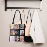 Tote Bag 90e anniversaire sur mesure photo collage femme no<br><div class="desc">Un cadeau unique pour le 90ème anniversaire d'une femme, célébrant sa vie avec un collage de 8 de vos propres photos, photos. Personnalisez et ajoutez son nom, son âge de 90 ans et une date. Un arrière - plan noir chic. Lettres et chiffres gris et blancs. Le nom est écrit...</div>
