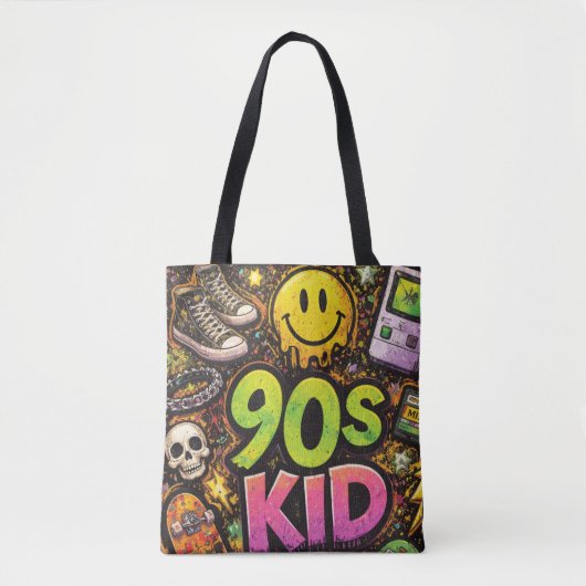 Tote Bag 90s Kids Grunge Seamless Pattern: Pizza, Skeletons (Devant)