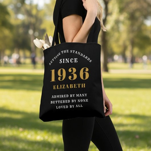 Tote Bag 90th Birthday 1936 Black Gold For Her Personalized