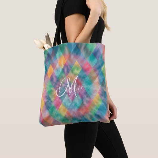 Tote Bag à damiers Arlequin Pale Arc-en-ciel Nom (De près)
