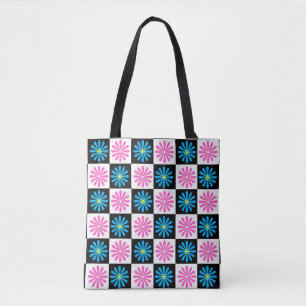 Tote Bag à damiers Aster bleu rose Floral Abstrait