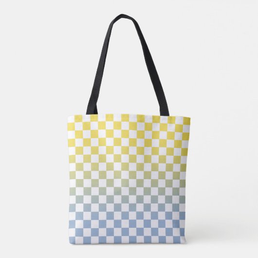 Tote Bag à damiers jaune à bleu clair et Motif blanc (Dos)