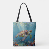 Tote Bag A Sea Turtle and Sun Rays in the Ocean Blue (Dos)