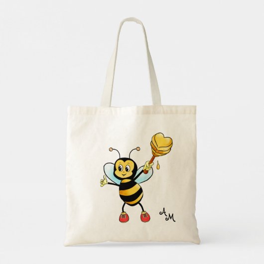 Tote Bag Abeille de miel mignonne avec coeur et monogramme (Dos)