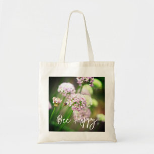 Tote Bag Abeille heureuse avec des fleurs d'Allium diagonal