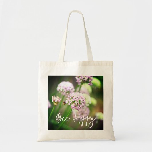 Tote Bag Abeille heureuse avec des fleurs d'Allium diagonal (Devant)