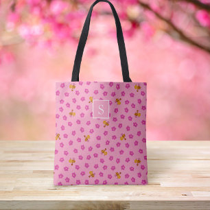 Tote Bag Abeille mignonne & fleurs motif Monogram rose